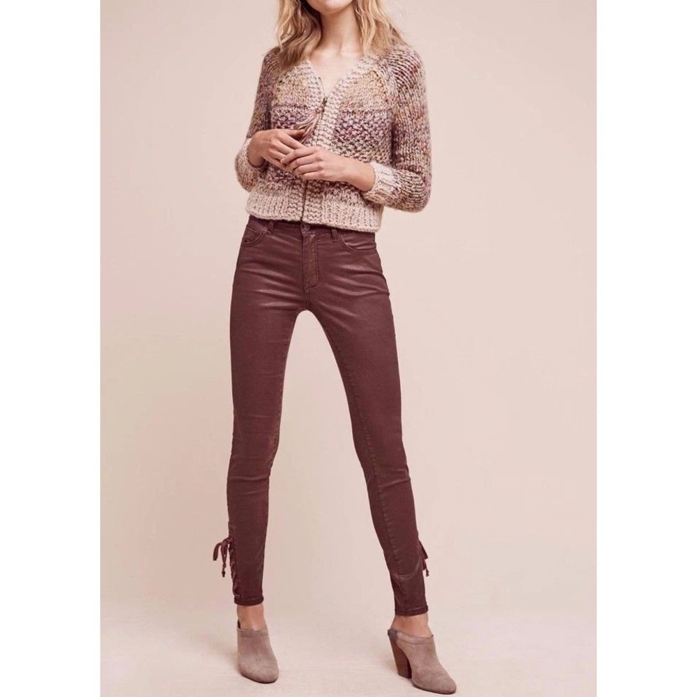 Anthropologie Pilcro NWOT Women's Script Coated Burgundy Lace Up Hi-Rise Jean 29